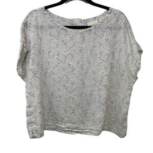 Cynthia Rowley Linen Floral Print Short Sleeve Blouse White‎ Cottagecore Fairy